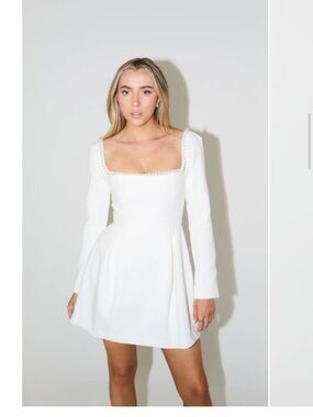 Odd Muse White Square-Neck Long Sleeve Mini Dress with Pearl Neckline